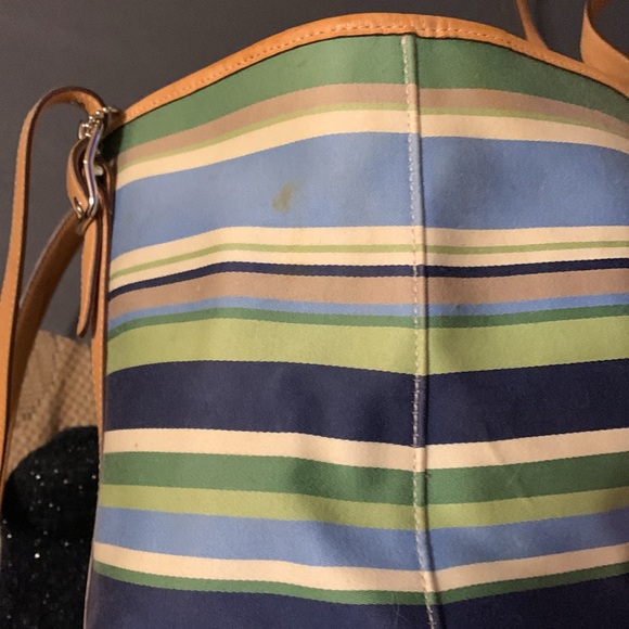 Authentic COACH Tote Bag Striped/Leather Trim. Blue/Green/ White. - Picture 3 of 9